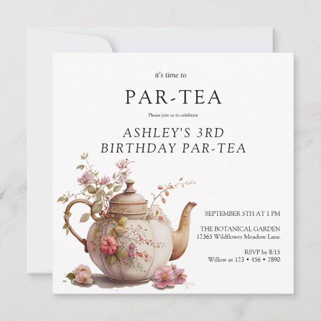 Invitación Tea Fiesta | Cumpleaños floral | Cualquier Edad (Anverso)