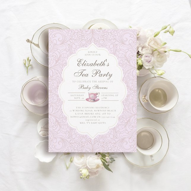 Invitación Tea Fiesta Elegant Lace Chica púrpura Baby Shower (girl baby tea party shower invitation elegant frame modern classic lace purple pink brewing)