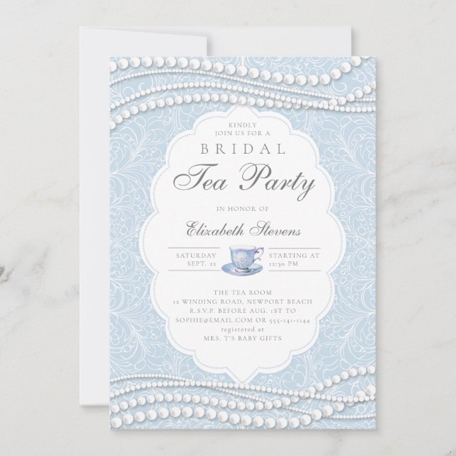 Invitación Tea Fiesta Elegant Lace Pearls Blue Bridal Shower (Anverso)