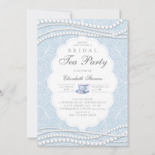 Invitación Tea Fiesta Elegant Lace Pearls Blue Bridal Shower