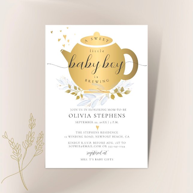 Invitación Tea Fiesta Elegant Modern Gold Greenery Baby Showe (Subido por el creador)