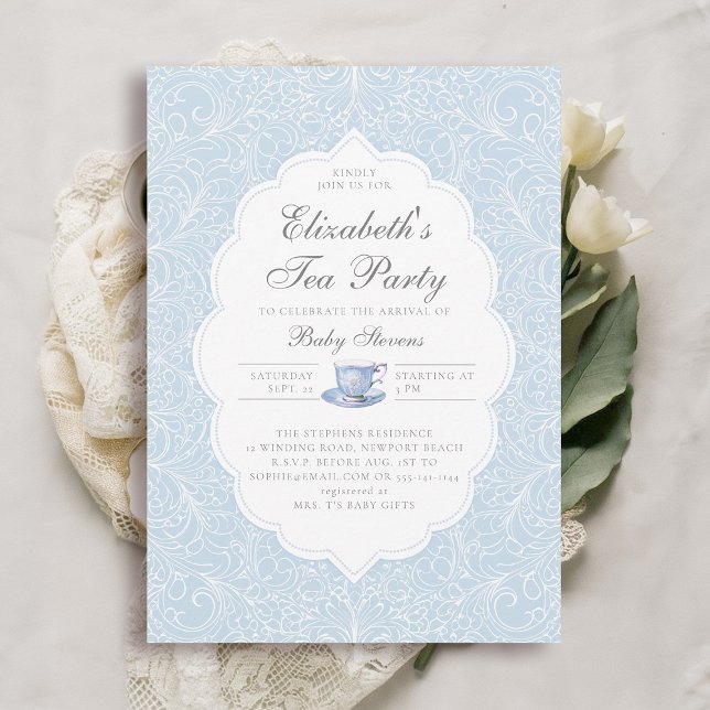 Invitación Tea Fiesta Elegant Modern Lace Blue Boy Baby Showe (boy baby tea party shower invitation elegant frame modern classic lace blue brewing)