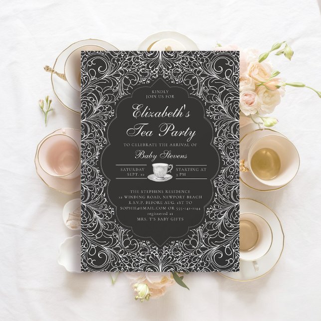 Invitación Tea Fiesta Elegante Lace Black White Baby Shower (baby tea party shower invitation elegant frame modern classic chic lace black white elegant formal)