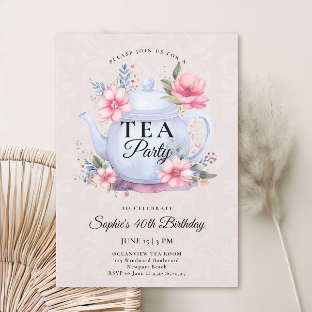 Invitación Tea Fiesta Floral Teapot Damask Rosa 40 cumpleaños (40th birthday invitation tea party floral teapot wildflowers watercolor elegant modern chic)