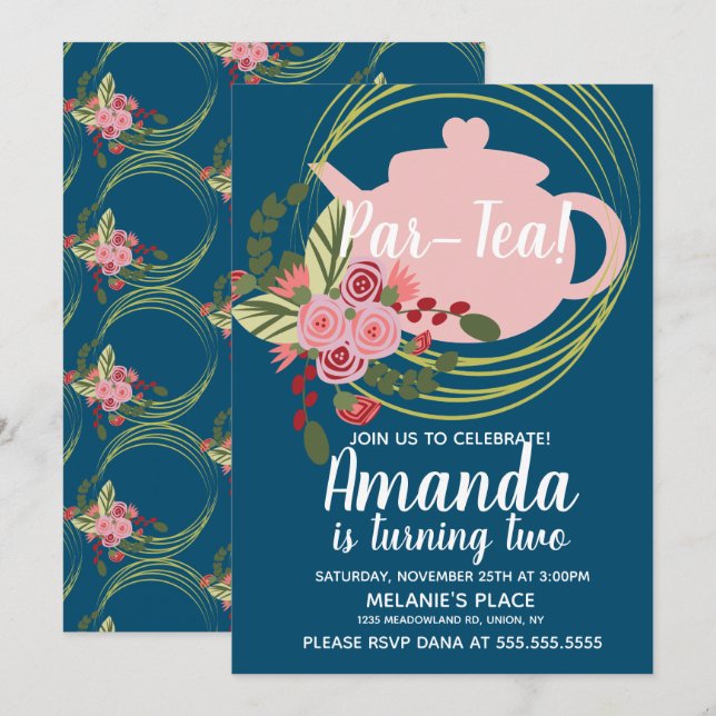 Invitación Tea Fiesta Floral Wreath Blanco Rosa Azul Blanco (Anverso / Reverso)