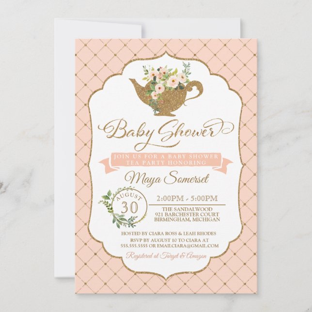 Invitación Tea Fiesta Luxury Rubor Floral Chica Baby Shower (Anverso)