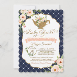 Invitación Tea Fiesta Luxury Rubor y Navy Floral Baby Shower