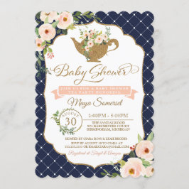 Invitación Tea Fiesta Luxury Rubor y Navy Floral Baby Shower