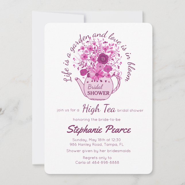 Invitación Tea Fiesta novia o Baby Shower teacup floral rosa (Anverso)