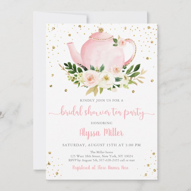 Invitación Tea Fiesta Oro Rosa Floral Ducha de novia (Anverso)