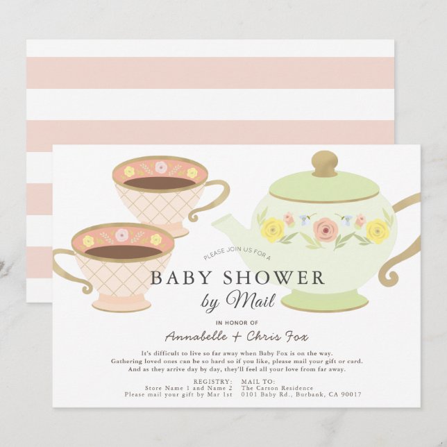 Invitación Tea Fiesta Pot & Cups Baby Shower por correo (Anverso / Reverso)