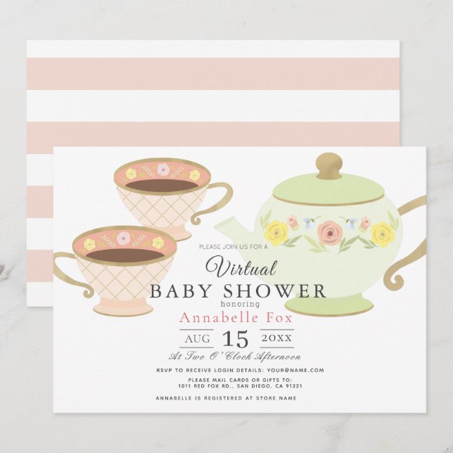 Invitación Tea Fiesta Tea Pot & Cups Virtual Baby Shower (Anverso / Reverso)