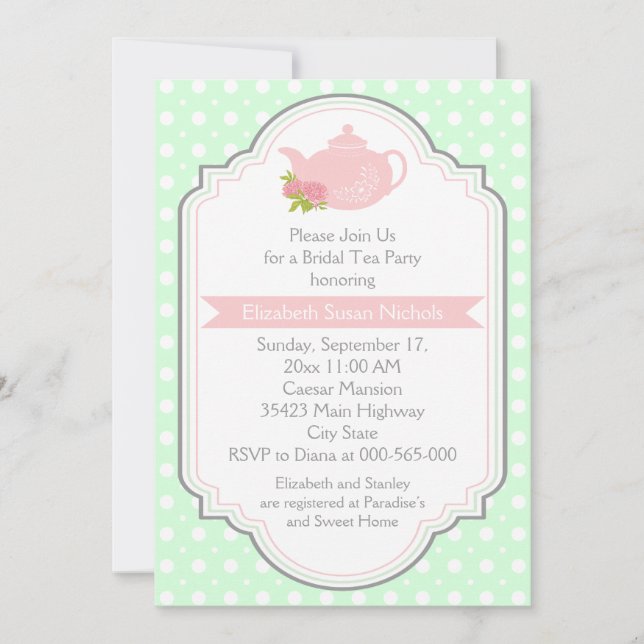 Invitación Tea fiesta teapot polka dot pink british (Anverso)