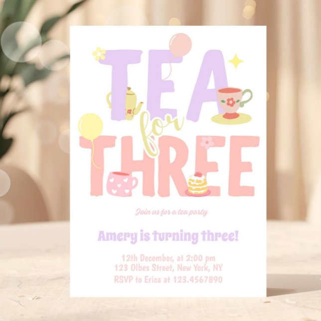 Invitación Tea For Three Birthday Pink Pastel Tea Party (tea party invitation, tea party, girly tea party, par tea invitation, whimsical tea party, garden te)