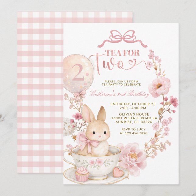 Invitación Tea for Two 2nd Birthday Bunny Spring Pink  (Anverso / Reverso)