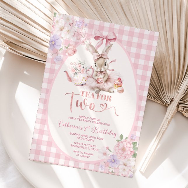 Invitación Tea For Two Easter Bunny Pink Gingham 2nd Birthday (Subido por el creador)