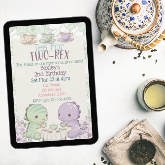 Invitación Tea for Two-Rex Pastel Dinosaur 2nd Birthday (Subido por el creador)