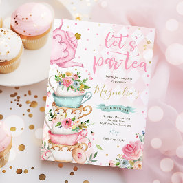 Invitación Tea Party Birthday Girl Pink & Gold Floral Par-tea