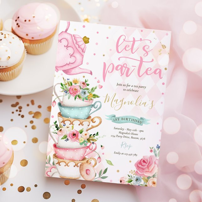 Invitación Tea Party Birthday Girl Pink & Gold Floral Par-tea (Subido por el creador)