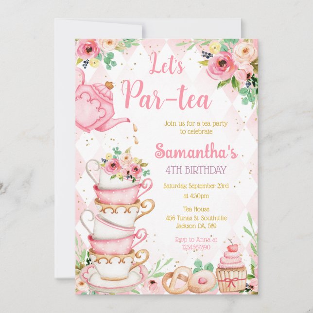 Invitación Tea Party Birthday Invitation (Anverso)