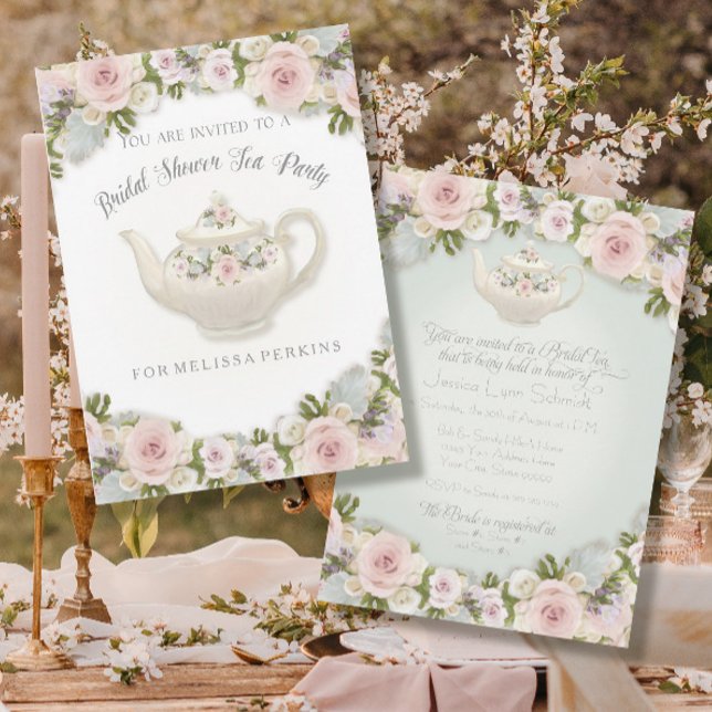 Invitación Tea Party Blush Rose Succulent Leaf Bridal Shower (Subido por el creador)