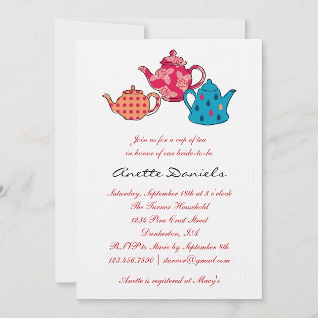 Invitación Tea Pot Bridal Shower (Anverso)