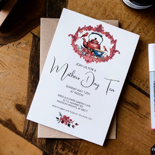 Invitación Tea Pot Kettle Cup Birds Red Mother's Day Fiesta (Subido por el creador)
