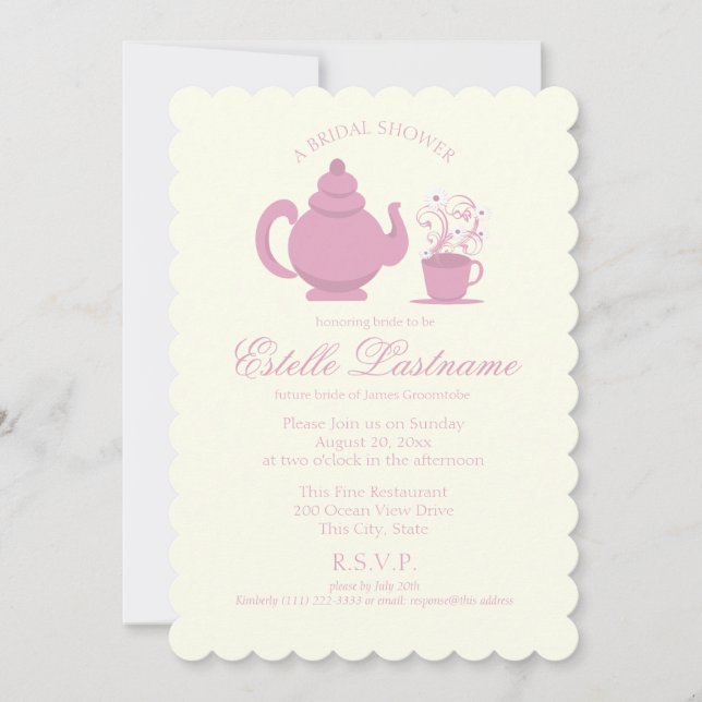 Invitación Tea Pot y Daisies, ducha de novia rosa (Anverso)