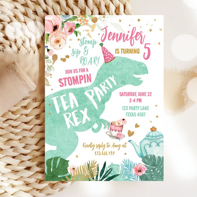 Invitación Tea Rex Dinosaur Par-Tea Pink Mint Gold Cumpleaños (Subido por el creador)