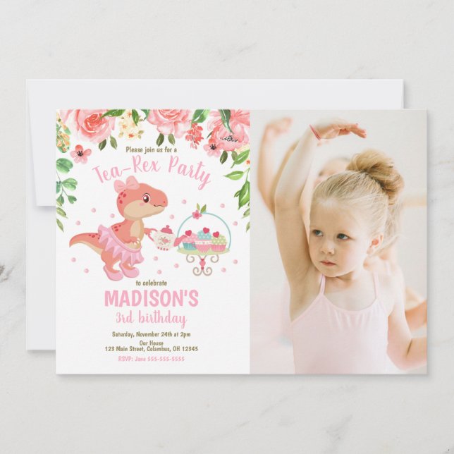Invitación Tea-Rex Tutu Party Dinosaur 3rd Birthday Photo (Anverso)