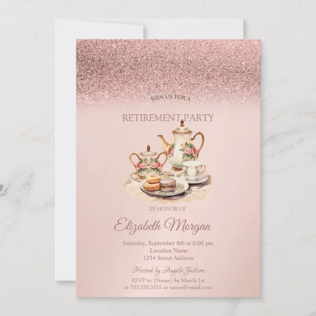 Invitación Tea Service Rose Gold Glitter Retirement  (Anverso)