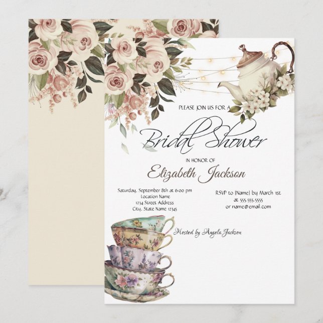 Invitación Tea Set ilumina a Rosas ducha de novia (Anverso / Reverso)