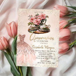 Invitación Tea Set Rosa Vestido de Oro Confetti Quinceañera