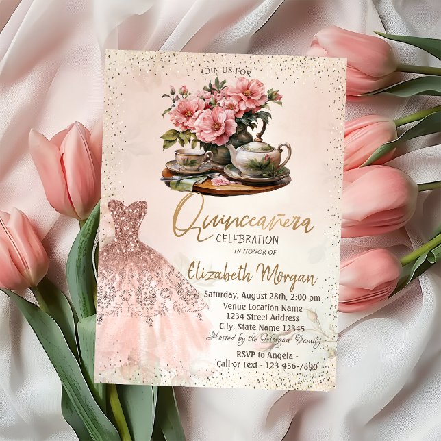 Invitación Tea Set Rosa Vestido de Oro Confetti Quinceañera (Subido por el creador)