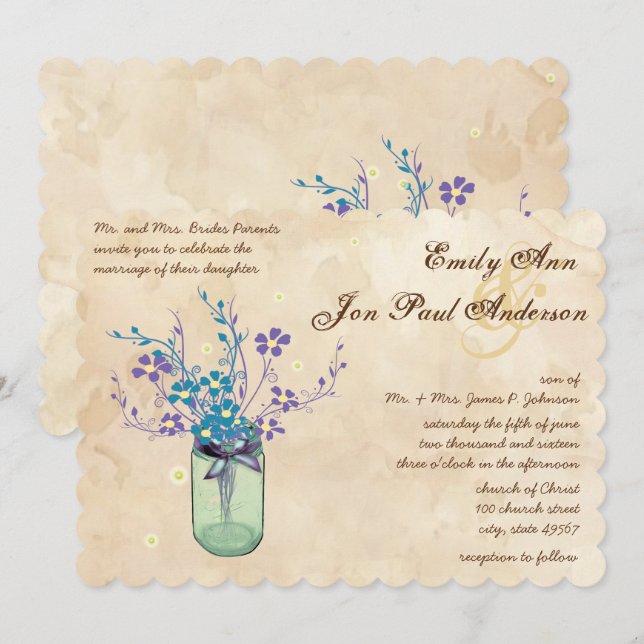 Invitación Tea Stain Aqua Purple Flower Mason Jar (Anverso / Reverso)