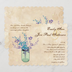 Invitación Tea Stain Aqua Purple Flower Mason Jar