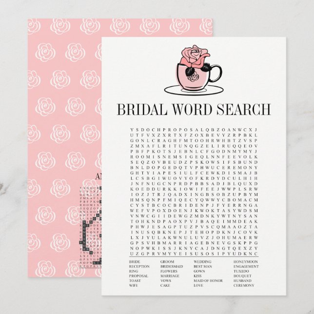 Invitación Tea Teacup Bridal Shower Word Search Game Card (Anverso / Reverso)