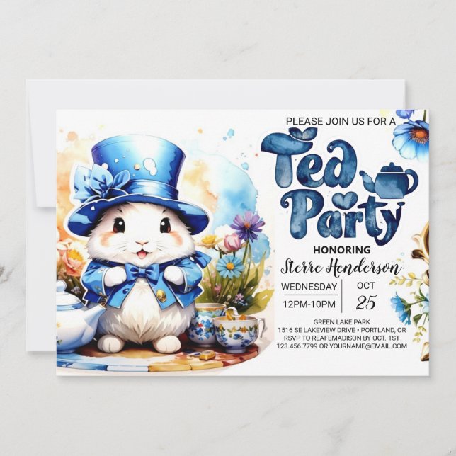 Invitación Tea Time Tails Blue Bunny Baby Shower (Anverso)