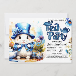 Invitación Tea Time Tails Blue Bunny Baby Shower
