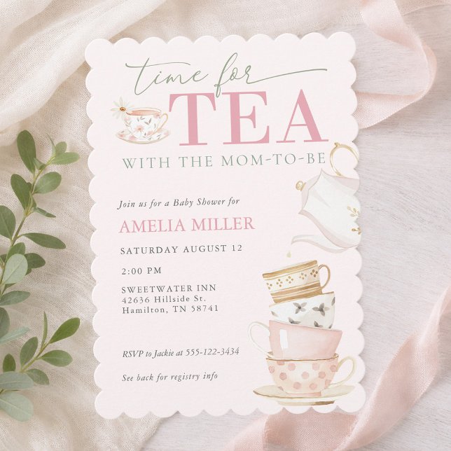 Invitación Tea with the Mom-to-be Girl Baby Shower  (Tea with the Mom-to-be Pink Girl Baby Shower Invitation)