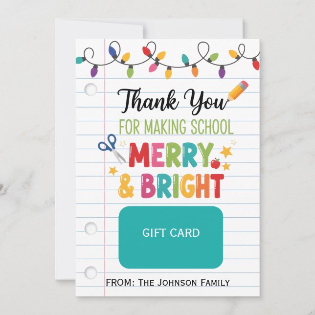 Invitación Teacher Gift Card Holder Merry & Bright Christmas (Anverso)