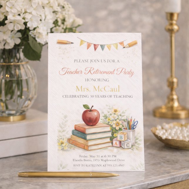 Invitación Teacher Legacy Honor Invitation (Teacher retirement celebration with watercolor classroom details and apple book accents)