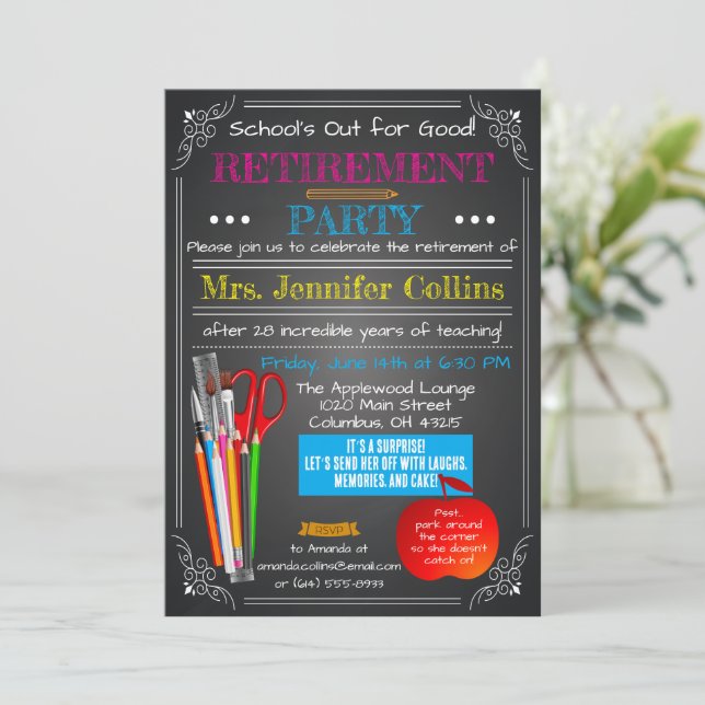 Invitación Teacher Retirement Chalkboard (Anverso de pie)