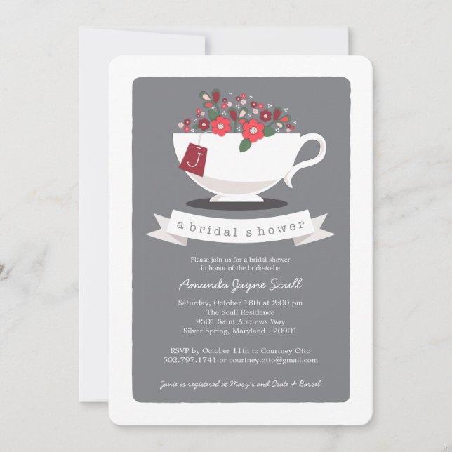 Invitación Teacup Coral Floral Monograma Ducha de novia (Anverso)
