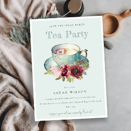 Invitación Teacup floral de oro verde azulado Cualquier edad