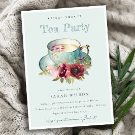 Invitación Teacup floral de oro verde azulado ducha de novia