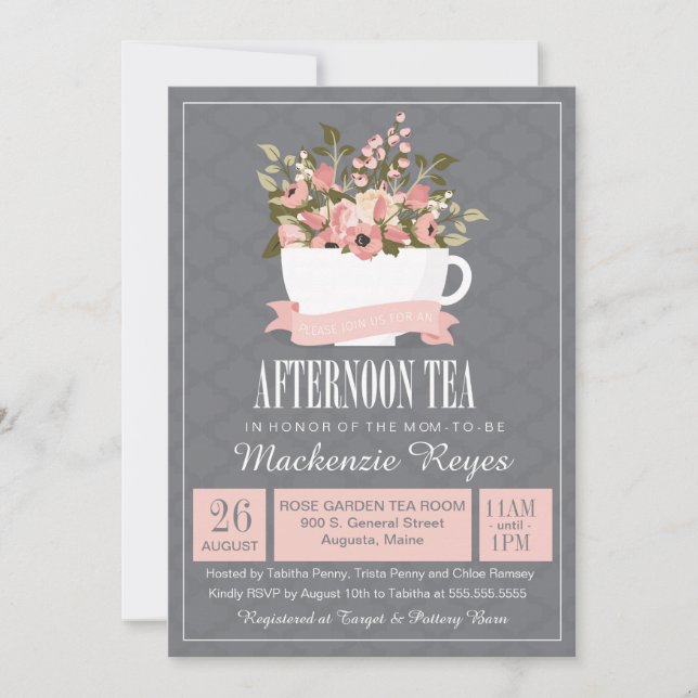 Invitación Teacup floral Tea Baby o Brige Shower (Anverso)
