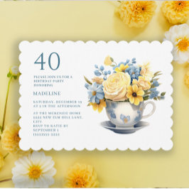 Invitación Teacup Flores azules amarillas 40 cumpleaños
