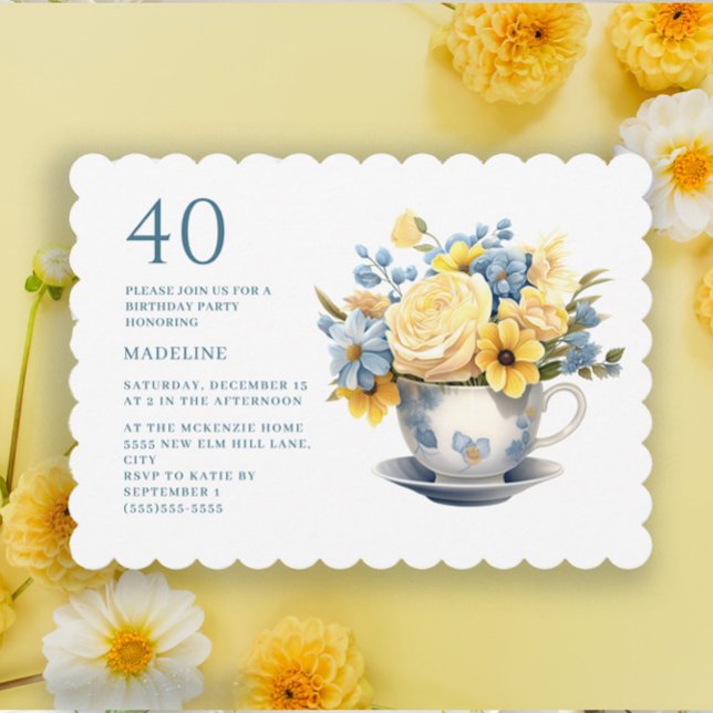 Invitación Teacup Flores azules amarillas 40 cumpleaños (Yellow and dusty blue watercolor flowers in teacup 40th birthday party invitation)