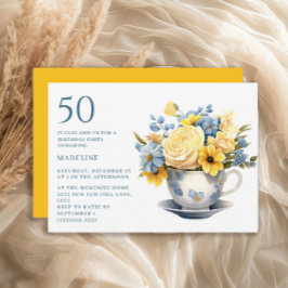 Invitación Teacup Flores azules amarillas 50 cumpleaños